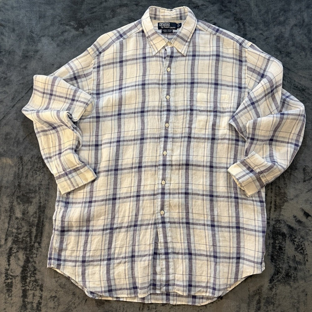 Polo Ralph Lauren Lowell Sport Linen Shirt Mens L Blue Plaid Button Front EUC